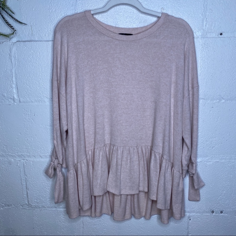 Soprano Pink Peplum Hem Hi/Low Super Soft Long Tie Sleeve Top Size large